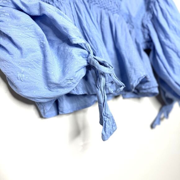 Free People Drive You Mad Blouse Medium Blue Crocheted Cropped Balloon Sleeves M - Picture 8 of 15